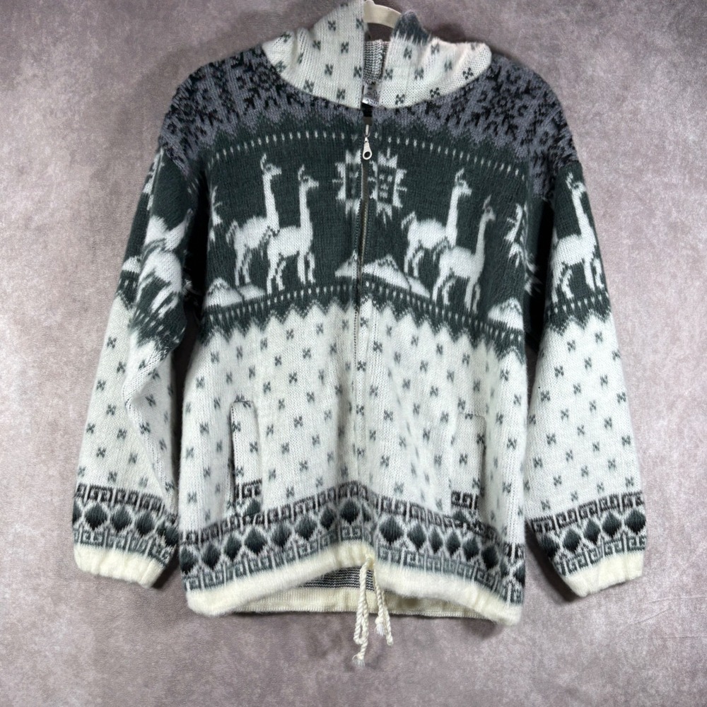Andino Sweater Womens Size Small Gray Llama Full Zip Hoodie Wool Boho Fair Isle